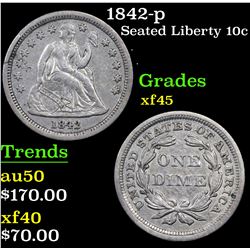 1842-p Seated Liberty Dime 10c Grades xf+