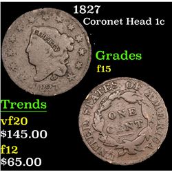 1827 Coronet Head Large Cent 1c Grades f+