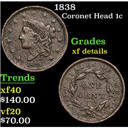 1838 Coronet Head Large Cent 1c Grades xf details