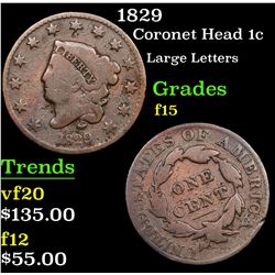 1829 Coronet Head Large Cent 1c Grades f+