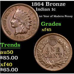 1864 Bronze Indian Cent 1c Grades xf+