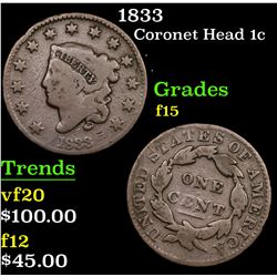 1833 Coronet Head Large Cent 1c Grades f+