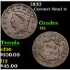 Image 1 : 1833 Coronet Head Large Cent 1c Grades f+