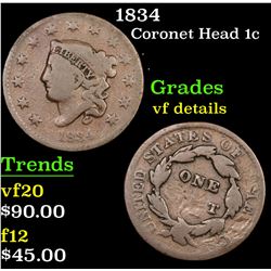 1834 Coronet Head Large Cent 1c Grades vf details