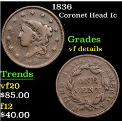 1836 Coronet Head Large Cent 1c Grades vf details