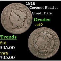 1819 Coronet Head Large Cent 1c Grades vg+