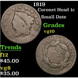 1819 Coronet Head Large Cent 1c Grades vg+