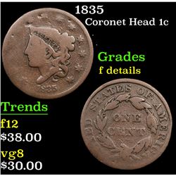 1835 Coronet Head Large Cent 1c Grades f details