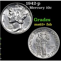 1942-p Mercury Dime 10c Grades Select Unc+ FSB