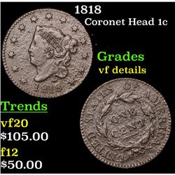1818 Coronet Head Large Cent 1c Grades vf details