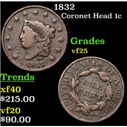 1832 Coronet Head Large Cent 1c Grades vf+