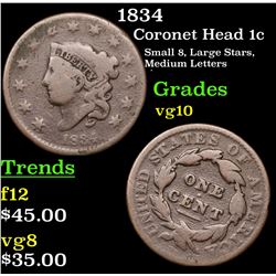 1834 Coronet Head Large Cent 1c Grades vg+