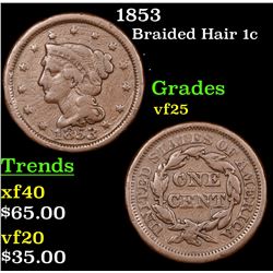 1853 Braided Hair Large Cent 1c Grades vf+