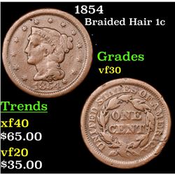 1854 Braided Hair Large Cent 1c Grades vf++