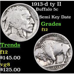 1913-d ty II Buffalo Nickel 5c Grades f, fine