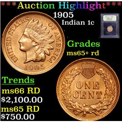 ***Auction Highlight*** 1905 Indian Cent 1c Graded Gem+ Unc RD By USCG (fc)