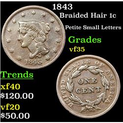 1843 Braided Hair Large Cent 1c Grades vf++