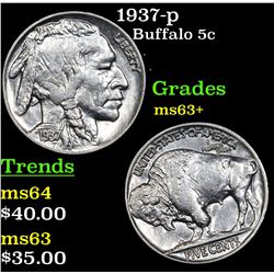 1937-p Buffalo Nickel 5c Grades Select+ Unc