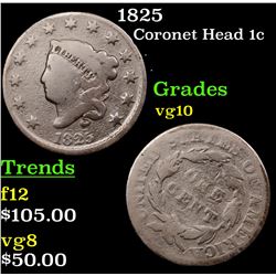1825 Coronet Head Large Cent 1c Grades vg+