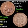 Image 1 : 1873 Closed 3 Indian Cent 1c Grades f+