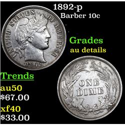 1892-p Barber Dime 10c Grades AU Details