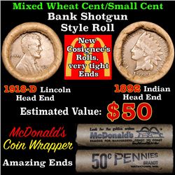 Mixed small cents 1c orig shotgun roll, 1918-d Wheat Cent, 1892 Indian Cent other end