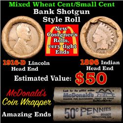 Mixed small cents 1c orig shotgun roll, 1916-d Wheat Cent, 1896 Indian Cent other end