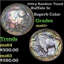 1919-p Rainbow Toned Buffalo Nickel 5c Grades Select+ Unc