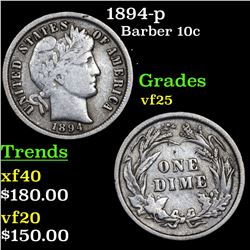 1894-p Barber Dime 10c Grades vf+
