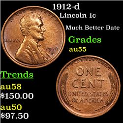 1912-d Lincoln Cent 1c Grades Choice AU