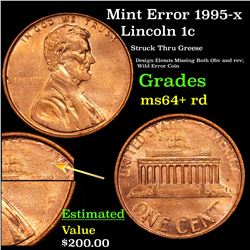 Mint Error 1995-x Lincoln Cent 1c Grades Choice+ Unc RD