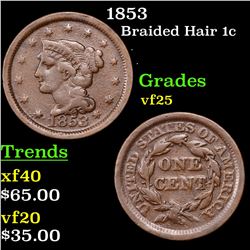 1853 Braided Hair Large Cent 1c Grades vf+