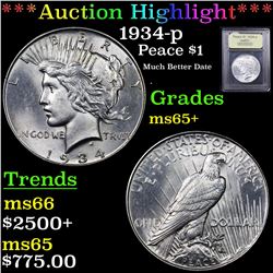 ***Auction Highlight*** 1934-p Peace Dollar $1 Graded GEM+ Unc By USCG (fc)
