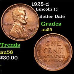 1928-d Lincoln Cent 1c Grades Choice AU