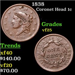 1838 Coronet Head Large Cent 1c Grades vf+