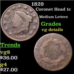 1829 Coronet Head Large Cent 1c Grades vg details