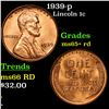 Image 1 : 1939-p Lincoln Cent 1c Grades Gem+ Unc RD