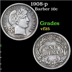 1908-p Barber Dime 10c Grades vf+