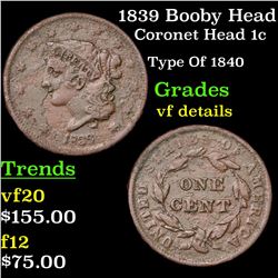 1839 Booby Head Coronet Head Large Cent 1c Grades vf details