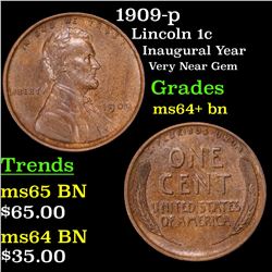 1909-p Lincoln Cent 1c Grades Choice+ Unc BN