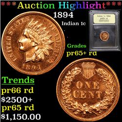 ***Auction Highlight*** 1894 Indian Cent 1c Graded Gem++ Proof Red By USCG (fc)