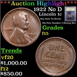 ***Auction Highlight*** 1922 No D Lincoln Cent 1c Graded f+ By USCG (fc)