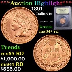 ***Auction Highlight*** 1891 Indian Cent 1c Graded Choice+ Unc RD By USCG (fc)