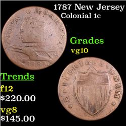 1787 New Jersey Colonial Cent 1c Grades vg+