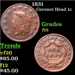 1831 Coronet Head Large Cent 1c Grades f+