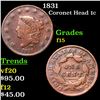 Image 1 : 1831 Coronet Head Large Cent 1c Grades f+