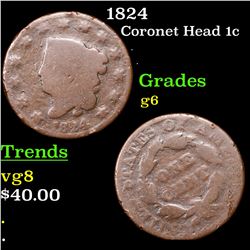 1824 Coronet Head Large Cent 1c Grades g+