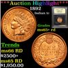 Image 1 : ***Auction Highlight*** 1892 Indian Cent 1c Graded Gem+ Unc RD By USCG (fc)
