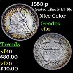 1853-p Seated Liberty Half Dime 1/2 10c Grades vf++