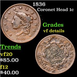 1836 Coronet Head Large Cent 1c Grades vf details